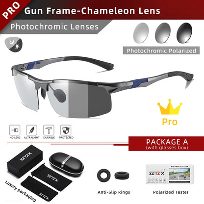 SZTZX Aluminum Rimless Photochromic Sunglasses Men Polarized Day Night Driving Glasses Chameleon Anti-Glare Sport gafas de sol Gun-Photochromic