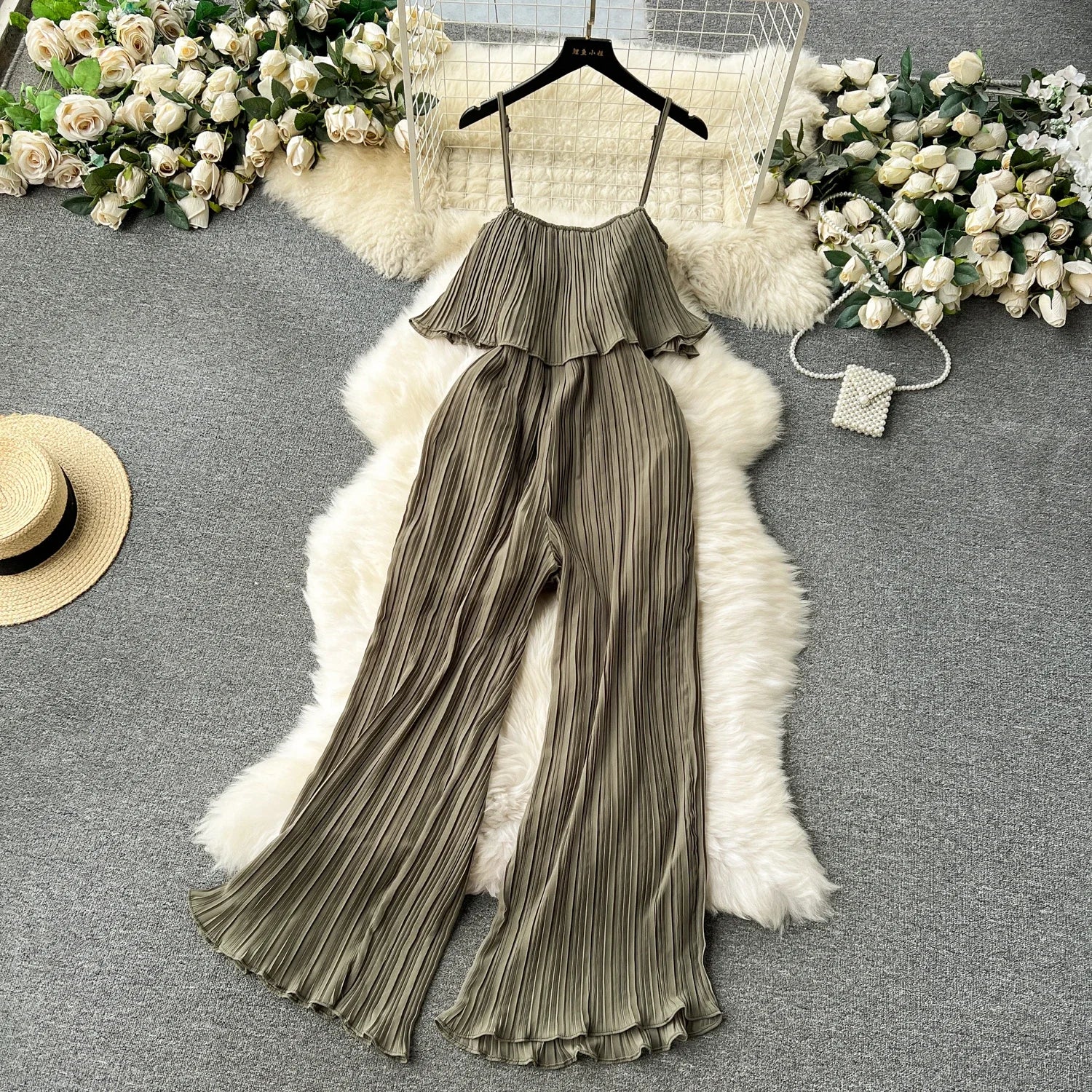 Vacation Loose Jumpsuit Strap Backless Thin Romper Streetwear Women INS One-Piece Outfit Beach Style Pleated Bodysuits