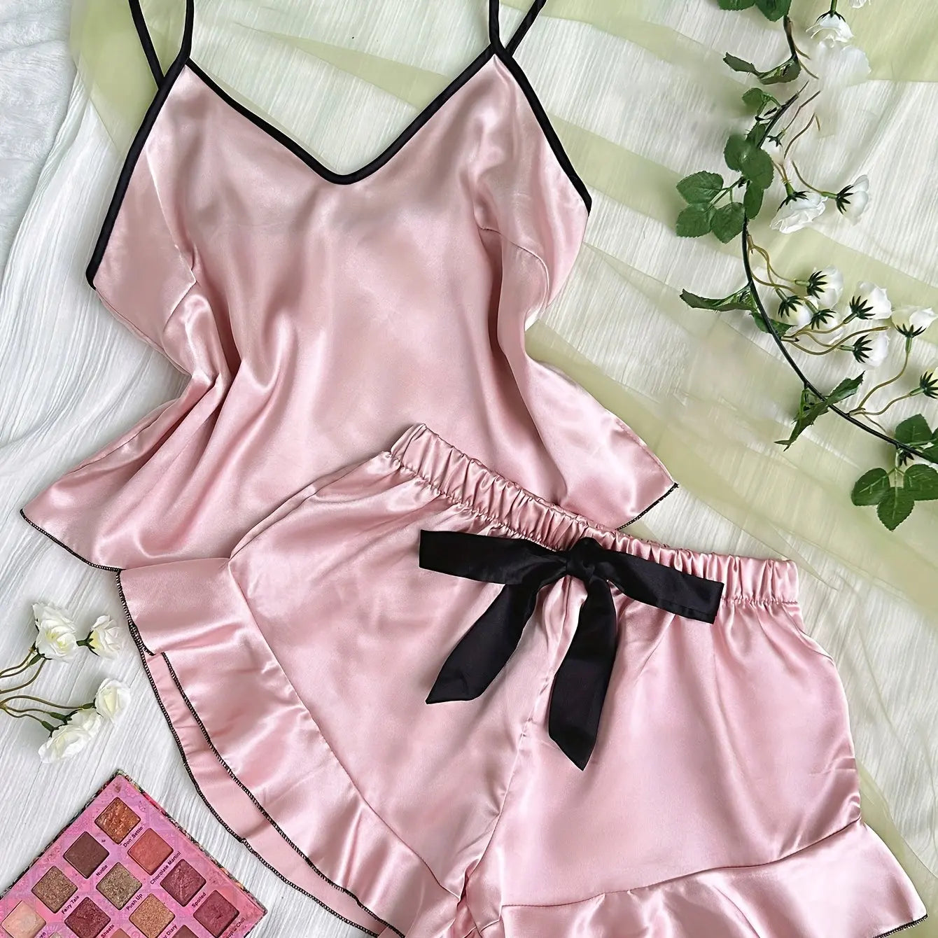 Women's Smooth Satin Pajamas V-Neck T-Shirt Ruffled Edges And Bow Shorts Simple And Breathable Pajama Set Sling Home Clothing Pink
