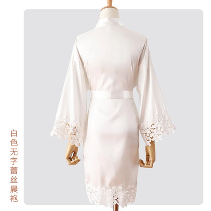 Wedding Embroidery Bride Bridesmaid Kimono Dresses Lace Gown Sexy Women Robes Home Gown Bathrobe Short Night Shirts Sleepwear1PC No words white