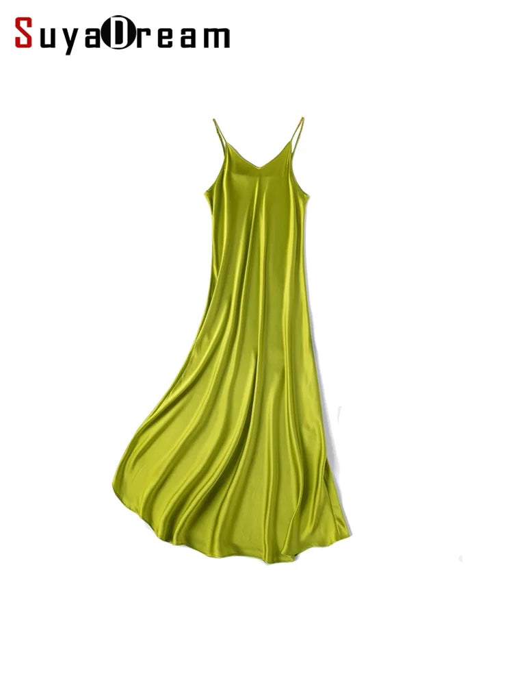 SuyaDream Woman Long Dress, 100%Real Silk, V Neck, Solid Spaghetti Strap Dresses, 2025 Elegant Chic Clothes Badiee Stylez