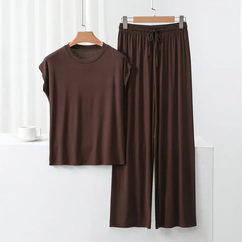 Modal Loose Homewear set O-neck Tshirts short sleeves and Wide leg pants Casual streetwear suit all match coffee