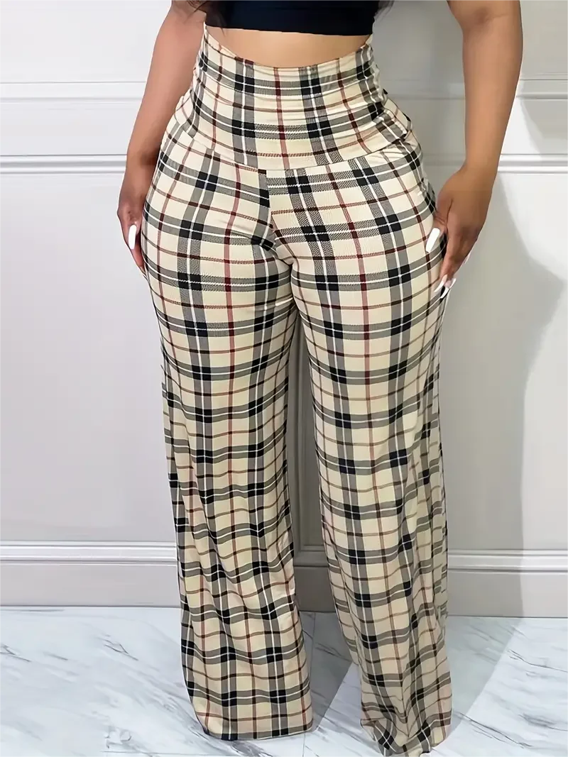 Women's Plaid Wide Leg Pants High Waist Casual Loose Trousers for Spring Summer Yellow