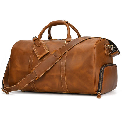 Luxury Genuine Leather Men Women Travel Bag Cow Leather Carry On Luggage Bag Travel Shoulder Bag Male Female Weekend Duffle Bag Light Brown(55cm)