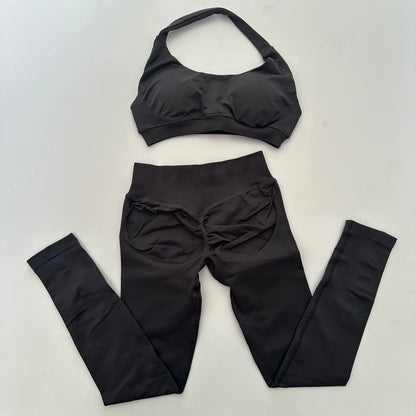 No Logo Yoga Legging Sets for Women Seamless Yoga Set Scrunch Butt Legging Set Workout Gym Suit with Halter Crop Top Badiee Stylez