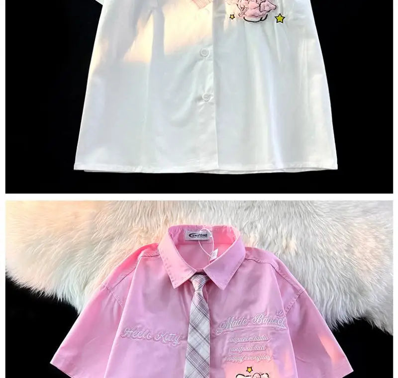 Hello Kitty Cute Short Sleeve Polo Shirts Women Sanrio Designer College Style Summer Blouse Korean Clothes Y2k New Fashion Tops