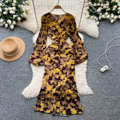 Chic vintage long sleeve Criss-Cross print pleated Elegant Fairy korean fashion dress women clothing Long dress