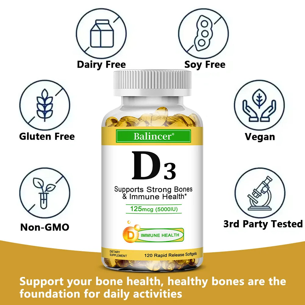 Balincer Vitamin D3 5000 IU (125 Mcg), Dietary Supplement for Bone, Teeth, Muscle and Immune Health Support, 30/60/120 Softgels