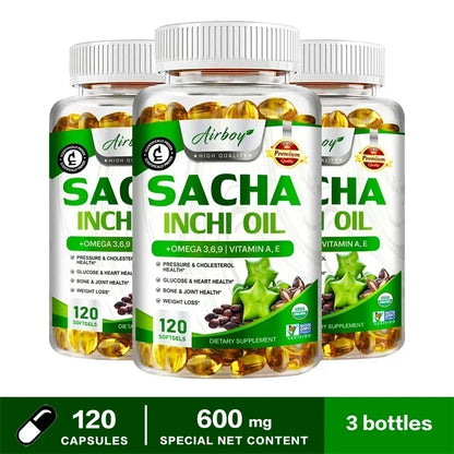 Sacha Inchi Oil Capsules - Supports Brain, Heart, Eye, Skin Health, Balances Cholesterol, Improves Digestion, Boosts Immunity 120 Capsule-3bottles