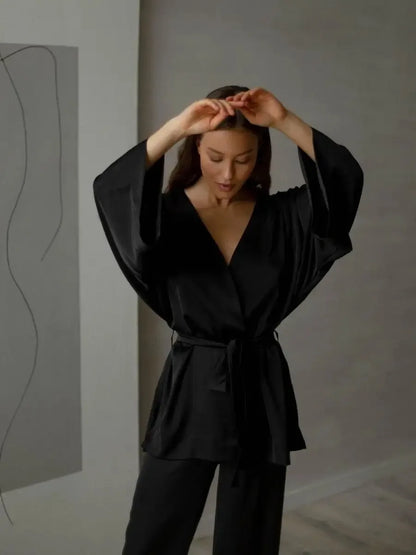 Mozuleva Solid Color Long Sleeved Pants Pajama 2-Piece Set Women's Autumn Winter Lace Up Nightgown Comfortable Home Clothing