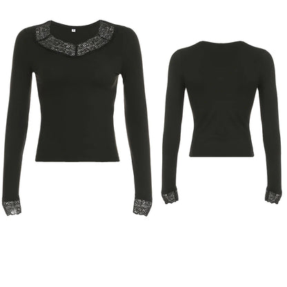 Cuteandpsycho Lace Patchwork Solid Slim Tee Shirts Long Sleeves V-neck Aesthetic Fashion Clothes Vintage Streetwear Black Tops Color3