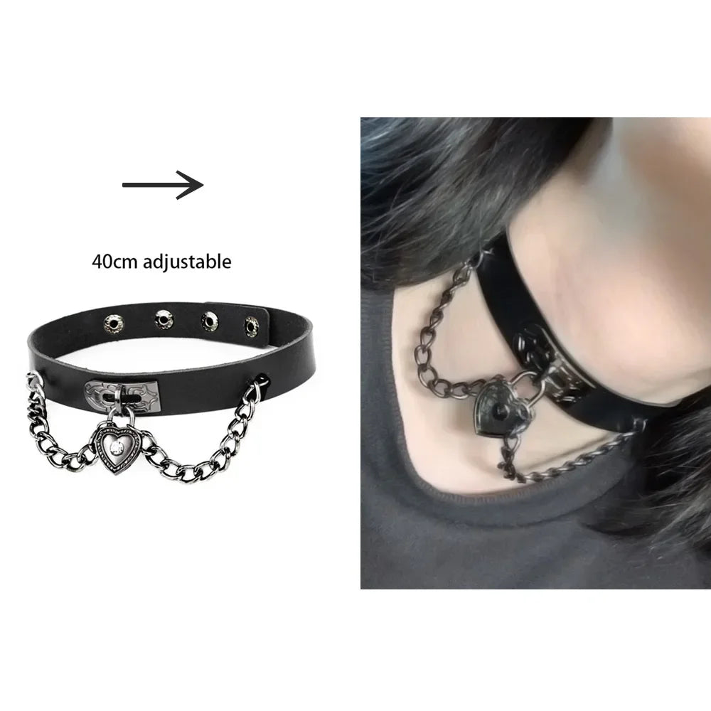 Sexy Trendy Vintage Charm Round Gothic Collar Necklaces Jewelry Gift Gothic Leather Heart Harajuku Women Punk Choker Necklace Love Lock 40cm adjustable