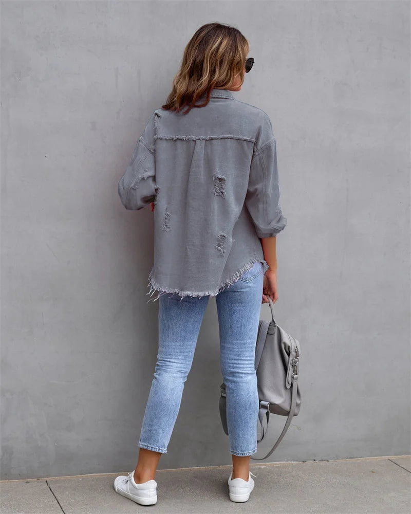 2025 Spring Autumn Shirt Style Denim Jacket Women Holes Raw-edges Jeancoat Casual Tops Female Oversize Loose Outerwear 7 Colors