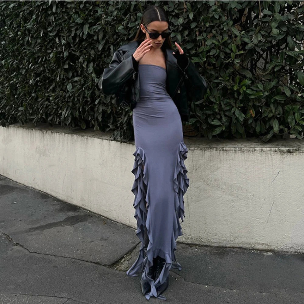 WonMiracle Elegant Strapless Dress Women Irregular Tassel 2024 Summer Trend Skinny Split Maxi Bodycon Party Dress For Women