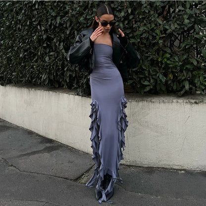 WonMiracle Elegant Strapless Dress Women Irregular Tassel 2024 Summer Trend Skinny Split Maxi Bodycon Party Dress For Women