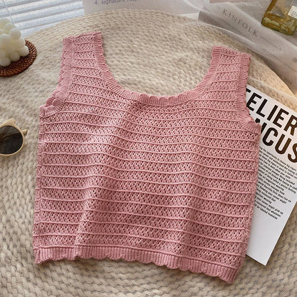 Women Summer Flower Embroidered Knit Tank Tops O-Neck Sleeveless Sweet Camisole Crochet Outer Wear Vintage Loose Inner Crop Tops