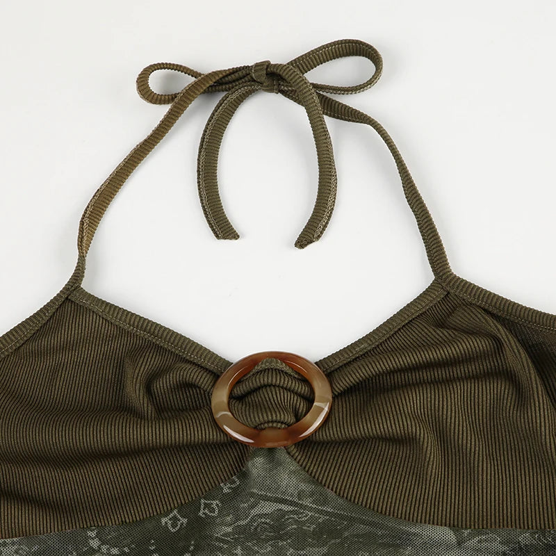 Rockmore Boho Vintage Print Mesh Patchwork Crop Top Women V Neck Camis Y2K Streetwear Female Coquette Aesthetic Clothes 2024