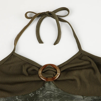 Rockmore Boho Vintage Print Mesh Patchwork Crop Top Women V Neck Camis Y2K Streetwear Female Coquette Aesthetic Clothes 2024