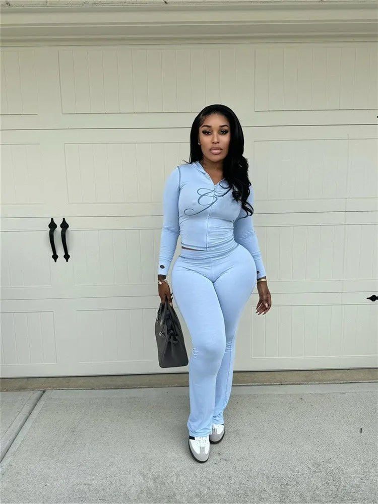 2025 Spring Fashion New Casual Women's Sets Long Sleeve Zipper Hoodie Tops and Pants Streetwear White Two 2 Piece Set Outfits Blue