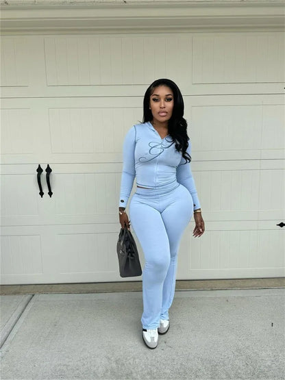 2025 Spring Fashion New Casual Women's Sets Long Sleeve Zipper Hoodie Tops and Pants Streetwear White Two 2 Piece Set Outfits Blue