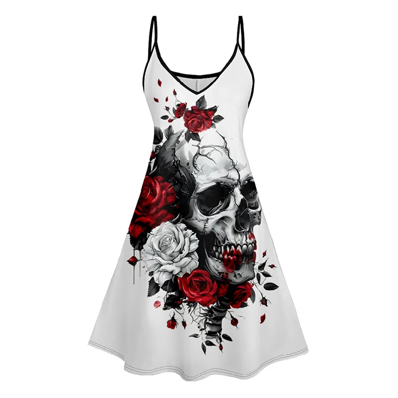 Dressfo Women's Summer Dresses Halloween Rose Injured Skull Print Hem V Neck Dress O Ring Straps Sleeveless A Line Tank Dress White2001
