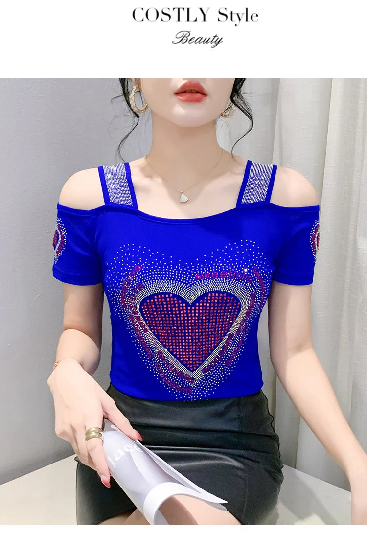 Aoxison Summer Short Sleeved Women's T-Shirt Elegant Slim Shiny Love Heart Diamonds Mesh Tops Chic Girl Sexy Off Shoulder Tees