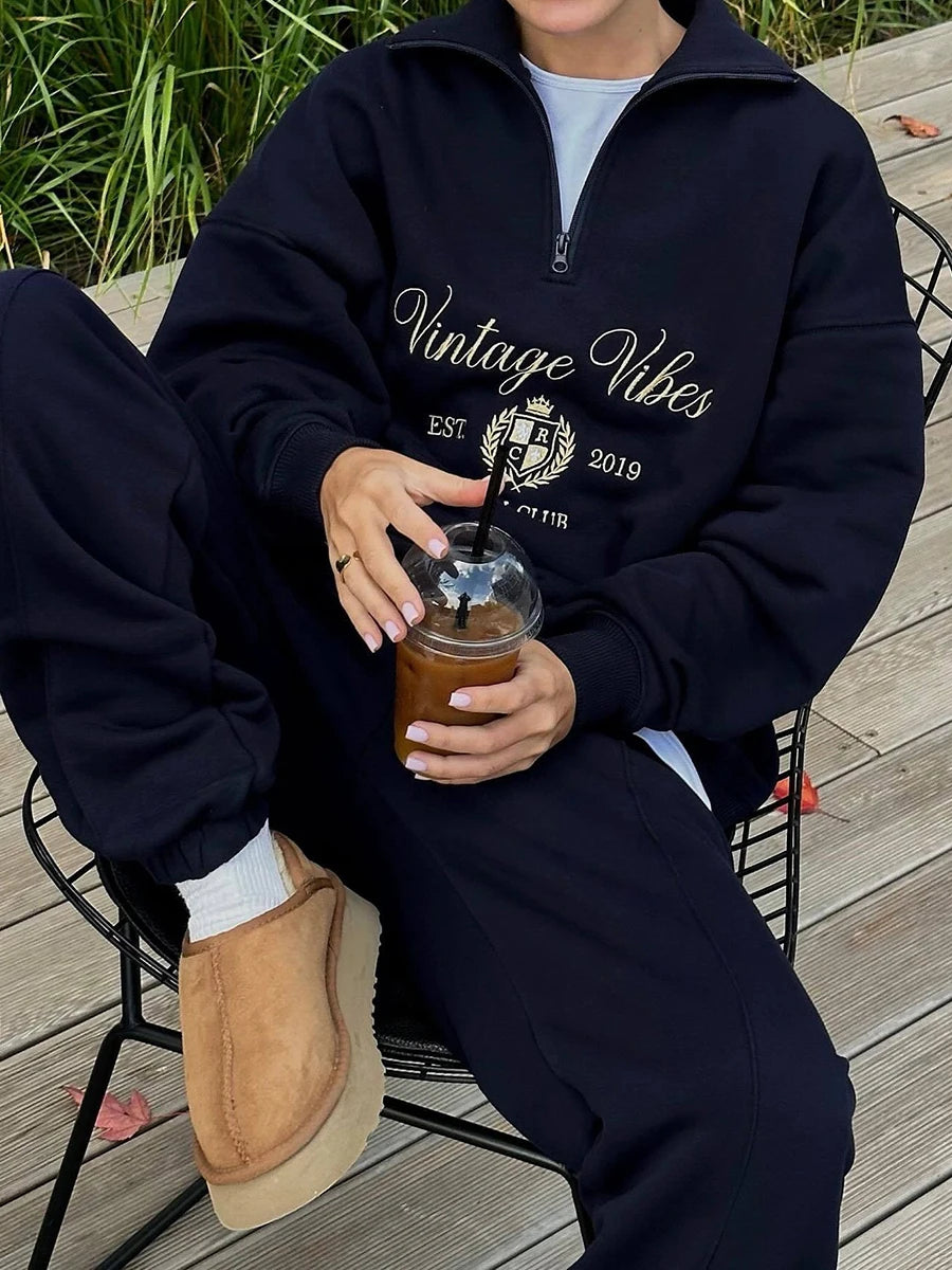 Vintage Letter Embroidery Sweatshirt Women Zipper Lapel Collar Long Sleeve Sweatshirts Autumn Streetwear Fashion Sport Pullovers