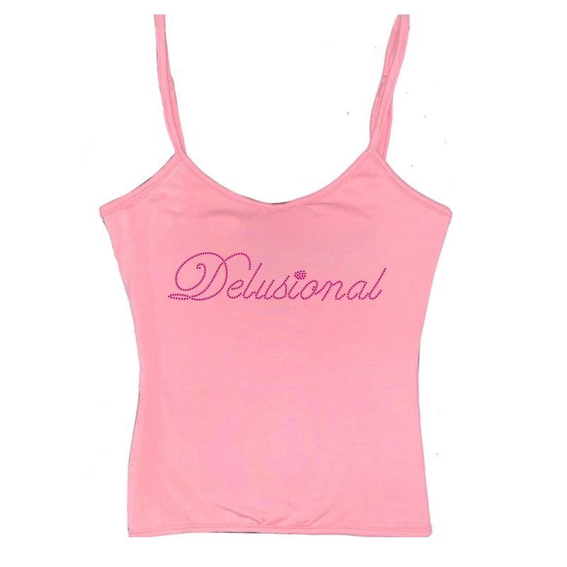 Vintage Punk Rhinestone Letter Gothic Sleeveless Streetwear Short Sleeve Sexy T Shirt Y2k Style Crop Tank Top Women Summer Camis SKY BLUE