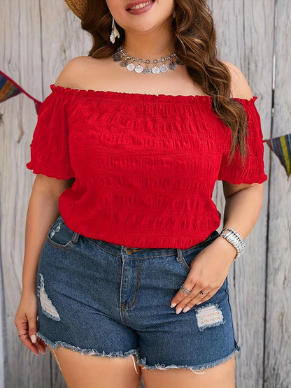 Plus Size Summer Women Elegant Off The Shoulder Dress Casual Fashion Solid Tops Office Lady Loose Curve Clothing Red