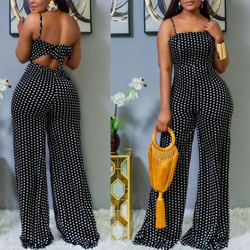 Women Jumpsuits Overalls High Waist Dot Wide Leg Pants High Street Casual Flat Sexy Backless Wrapping Breast 2023 Autumn black