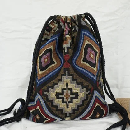 2025 Women Fabric Backpack Female Gypsy Bohemian Boho Chic Aztec Ibiza Tribal Ethnic Cottage Soft Brown Drawstring Rucksack Bags NO 9