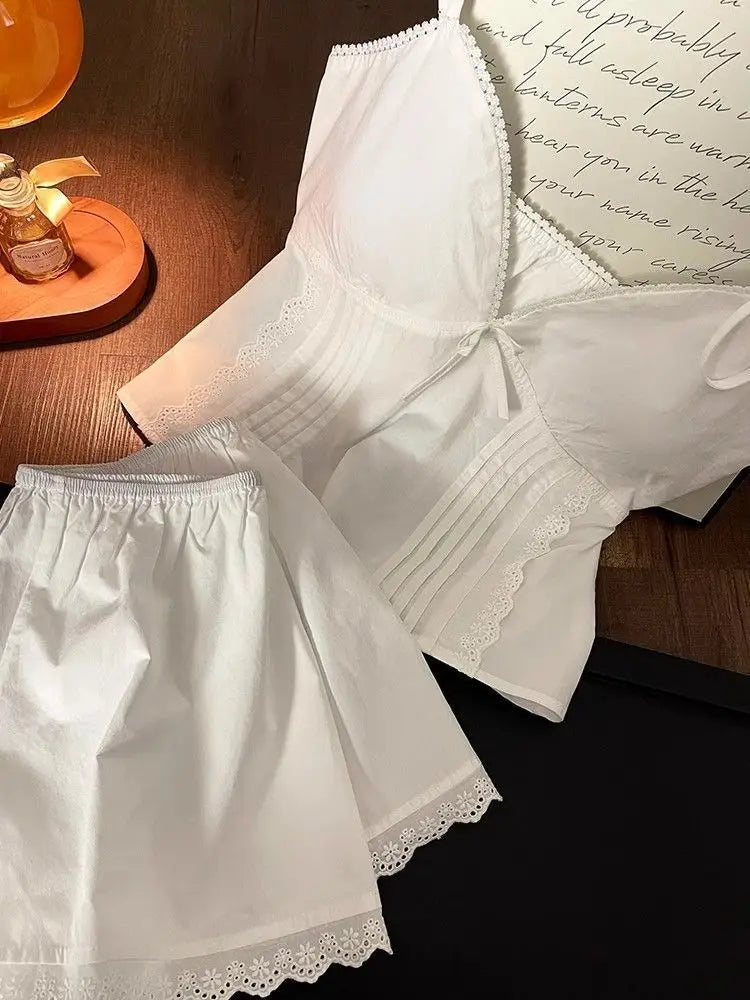 Lace Sleepwear Women Pajama Sets Spaghetti Strap Piiama Shorts Sets 2 Pieces Korean Night Wears Summer Cute White Home Suit 2025