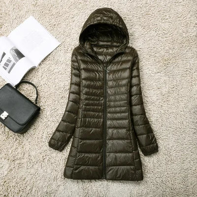 Plus Size 5XL 6XL 7XL Women's Hooded Puffer Jackets 2023 New Arrivals Female Ultra Lightweight Packable Warm Slim Fit Down Coat army green
