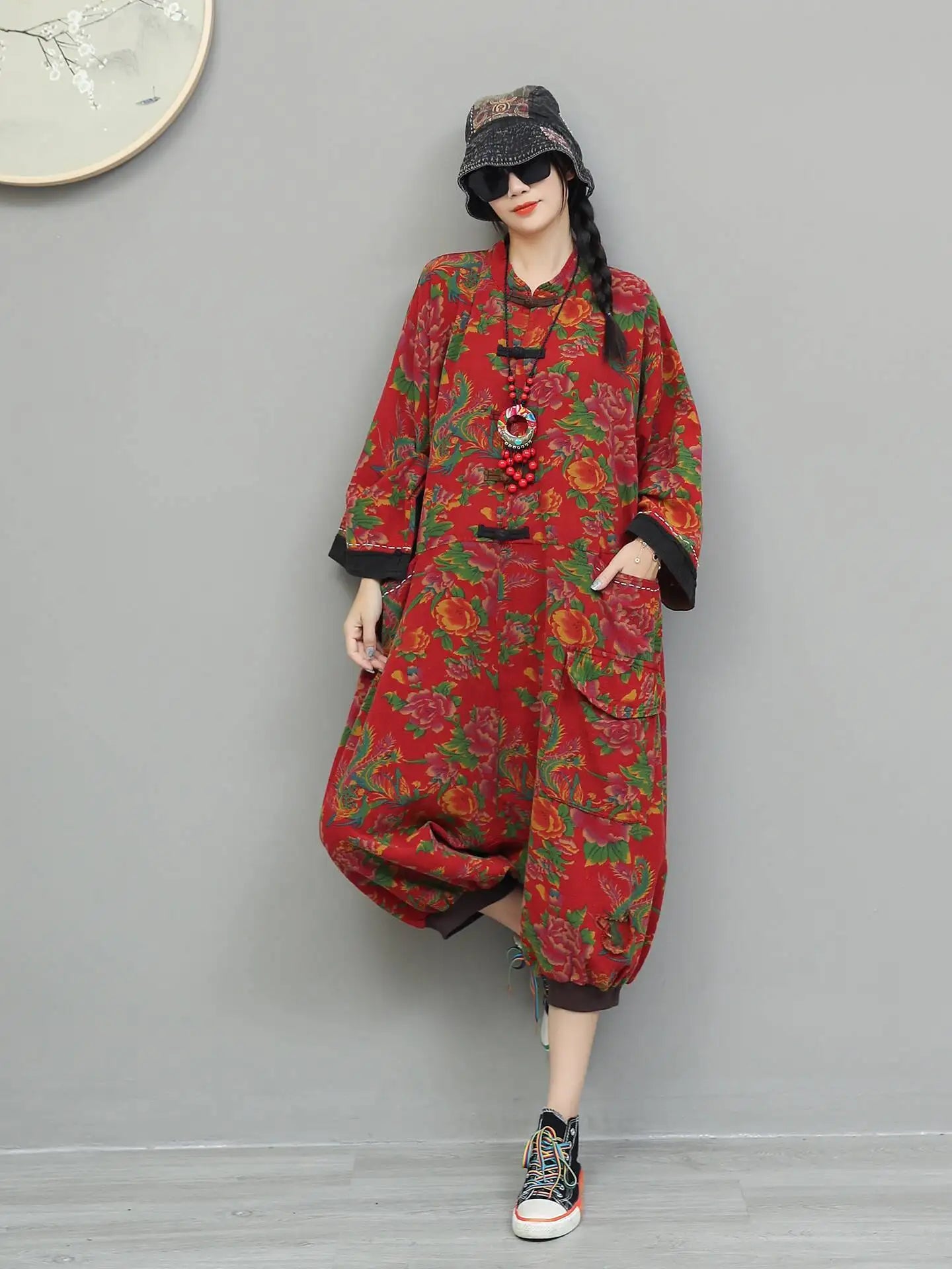Artistic Large Floral Cotton Linen Chinese Style Button Embroidery Loose Casual Jumpsuit Women LX4344 Badiee Stylez