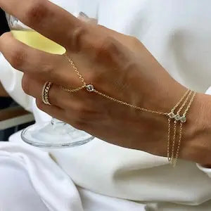 14K Gold Plated Titanium Fashion Bracelet for Women Dainty Triple Hand Chain Finger Bracelet with Zircon Crystal, Gifts for Girl