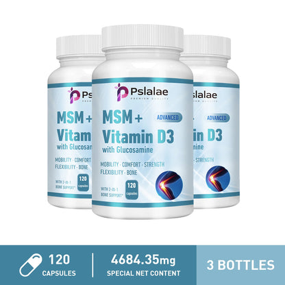 MSM + Vitamin D3 with Glucosamine - Joint Care, Supports Comfort and Flexibility, Strengthens Bones, Non-GMO 120 Capsule-3bottles