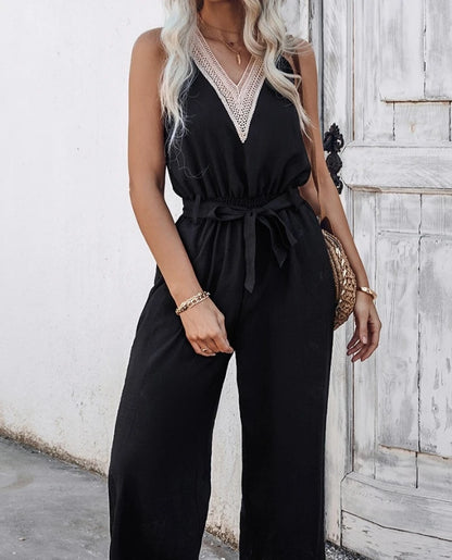 Women's Jumpsuit 2024 Summer Elegant Casual Striped Printed Spaghetti Strap Tie Details Mid Waisted Tight Fit Cropped Jumpsuit