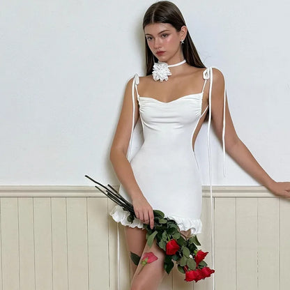 2024 European and American New High end Y2K Sexy Open Back Lace up Slim Fit Spicy Girl Short Skirt white