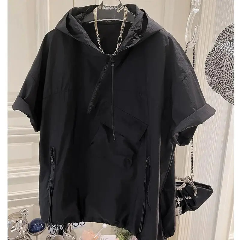 Summer Hoodies Women's Clothing Short Sleeve Hooded Half Zipper Y2k Tops Streetwear Casual Fashion Korean Sweatshirt Ropa Mujer black