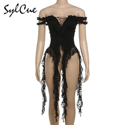 Sylcue Summer New Fashionable High Street Sweet Gentle Sexy Youth Girls Solid Color Shoulder Fringe Long Top