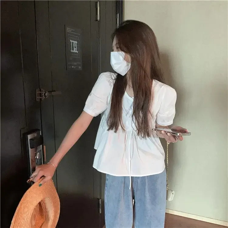 Ruffles Shirts and Blouses Korea Short Sleeve Top Women 2024 Summer Lace-up Sweet Blouses Cute Elegant Solid Sweet Folds Clothes