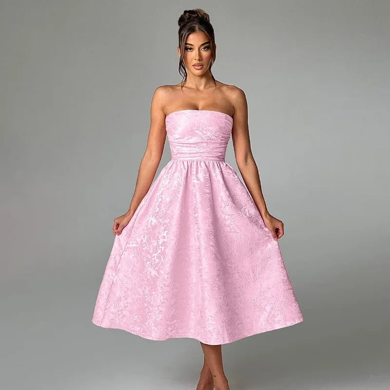 Strapless Backless Bodycon Sexy Dress Women  Elegant Evening Party Dress Jacquard Satin Long Summer Dress Vestidos Badiee Stylez