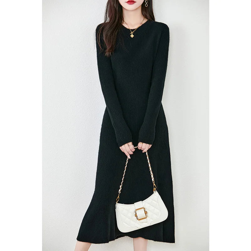 Women's Pure Wool Knitted Long Dress, Round Neck, Fishtail Skirt, Slim, Elegant, Casual, Fashionable, Sweater, 2024Autumn/Winter Badiee Stylez