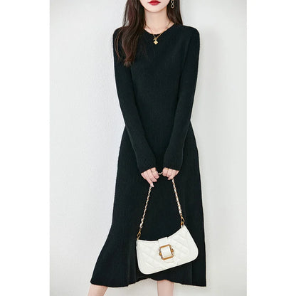 Women's Pure Wool Knitted Long Dress, Round Neck, Fishtail Skirt, Slim, Elegant, Casual, Fashionable, Sweater, 2024Autumn/Winter Badiee Stylez