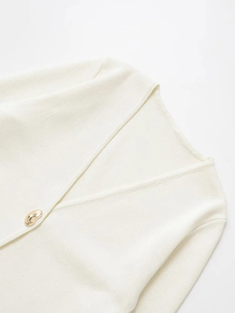 TRZA Women Fashion With Gold Button Knit Cardigan Sweater V Neck Long Sleeve Female Outerwear Chic Tops