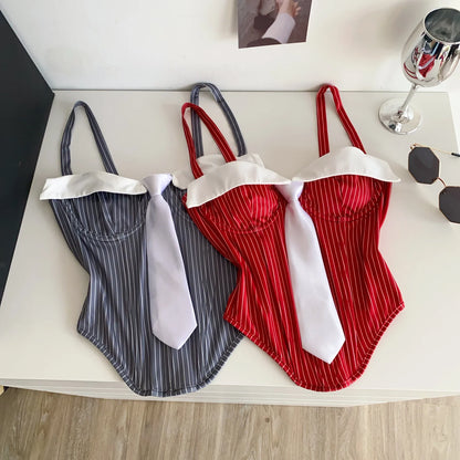 SINGREINY Summer Corset Stripe Tank Top Women Tie Strapless Chic Backless Hotsweet Camis 2025 Streetwear Club Sexy Mini Top