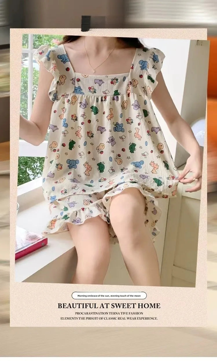 Summer Spwear Women's 2025 New Japanese Sle Fre Vest orts Woven Cotton Thin Home Clothes Set Sweet Print ort Pants