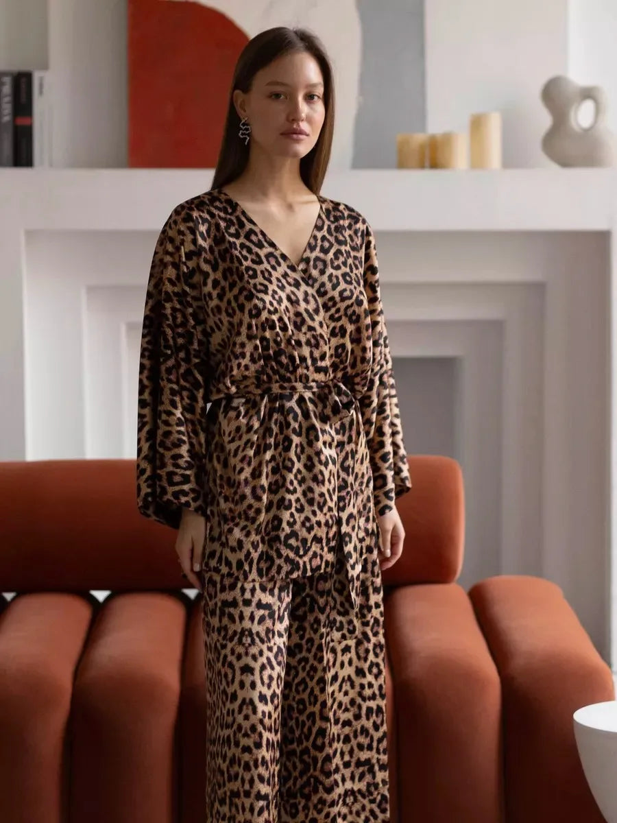 Mozuleva Solid Color Long Sleeved Pants Pajama 2-Piece Set Women's Autumn Winter Lace Up Nightgown Comfortable Home Clothing