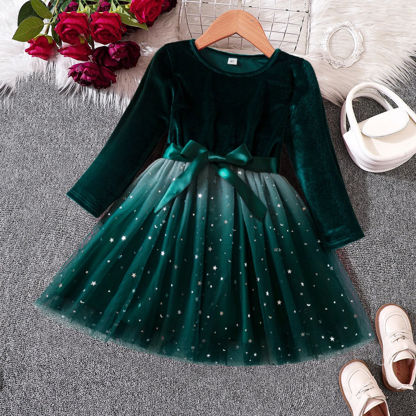 2025 Red Christmas Dress for Baby Girls Winter Long Sleeve Mesh Dresses for 3-8Yrs Kid Star Sequin Birthday Party Princess Dress Green 03