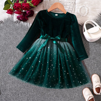 2025 Red Christmas Dress for Baby Girls Winter Long Sleeve Mesh Dresses for 3-8Yrs Kid Star Sequin Birthday Party Princess Dress Green 03